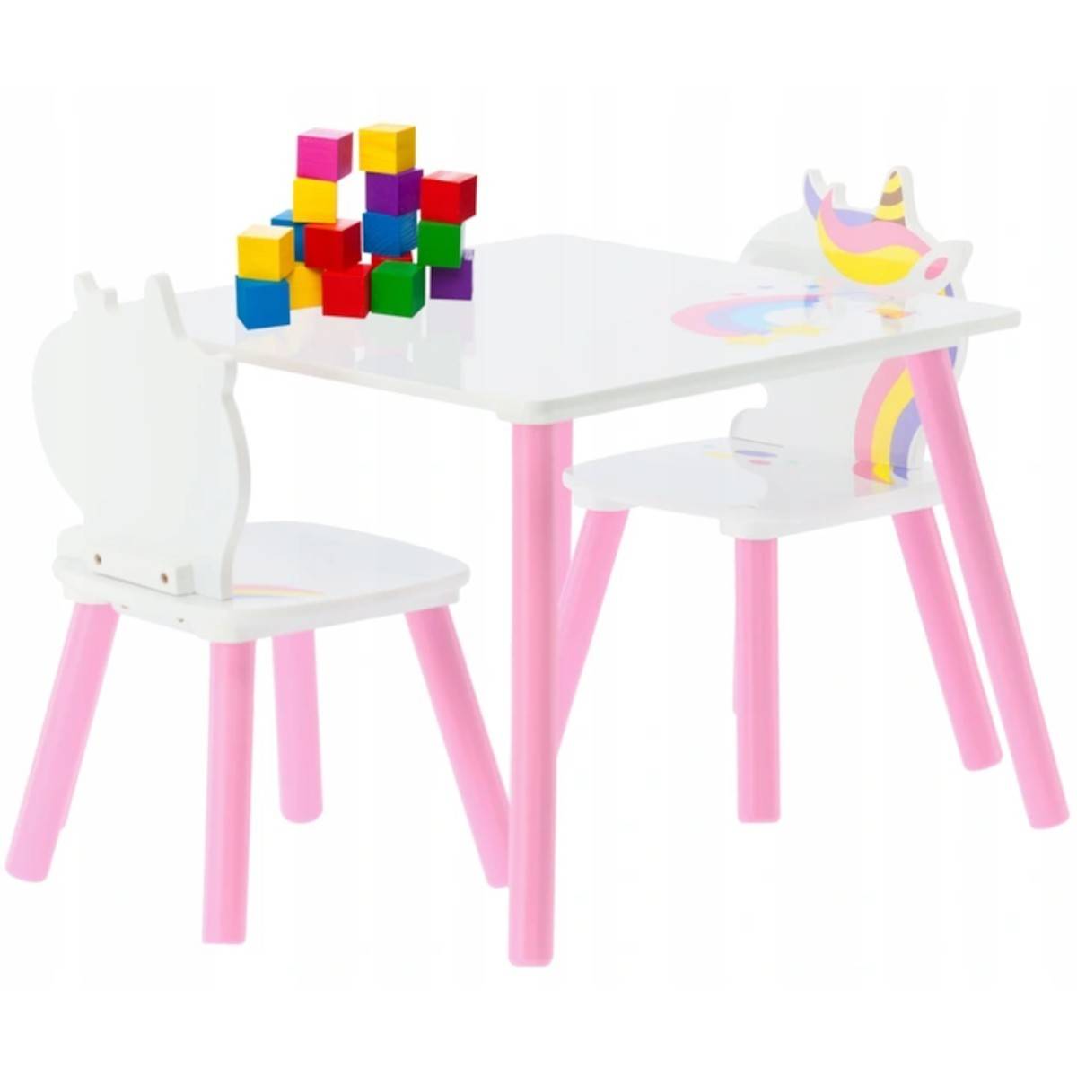 Bake Pelmel Premedication Set masuta cu 2 scaune pentru copii, roz, alb,lemn, MDF, Unicorn
