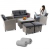 Set mobilier terasa sau gradina,  masuta de cafea, canapea, 2 fotolii, 2 tabureti, perne impermeabile, poliratan, gri, Felicia Set mobilier terasa sau gradina,  masuta de cafea, canapea, 2 fotolii, 2 tabureti, perne impermeabile, poliratan, gri, Felicia