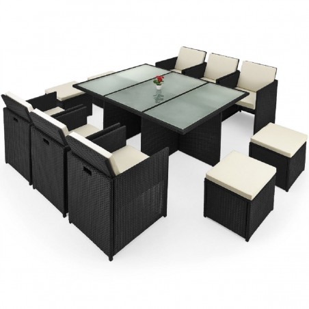 Set mobilier de gradina,design Cub pliabil, masa mare, 6 scaune cu spatar rabatabil, 4 tabureti, 180x120x74 cm, Negru,Michigan