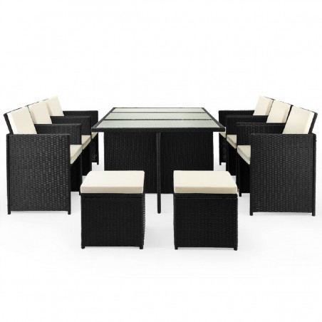 Set mobilier de gradina,design Cub pliabil, masa mare, 6 scaune cu spatar rabatabil, 4 tabureti, 180x120x74 cm, Negru,Michigan