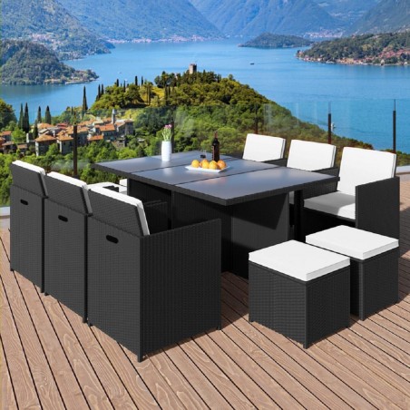 Set mobilier terasa gradina, Cub pliabil, masa mare, 6 scaune cu spatar rabatabil, 4 tabureti, 180x120x74 cm, Negru, Michigan