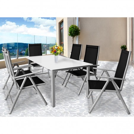 Set mobilier, terasa sau gradina, 6 scaune Rabatabile aluminiu, masa mare cu blat de sticla mata, 150 x 90 x 75  cm, Clinton