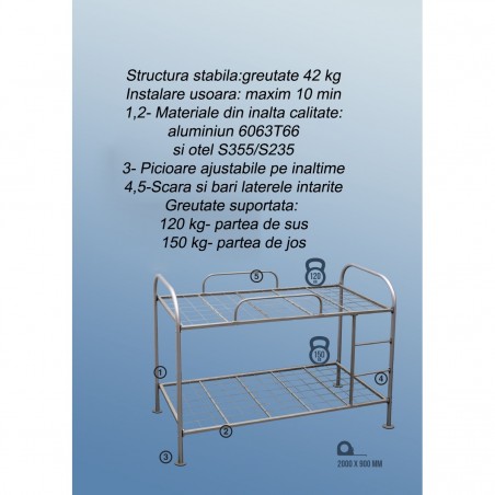 Paturi campanie din aluminiu etajate, pentru campusuri, muncitori, sinistrati, refugiati, spitale mobile, 210×94 cm, Astreea Bed