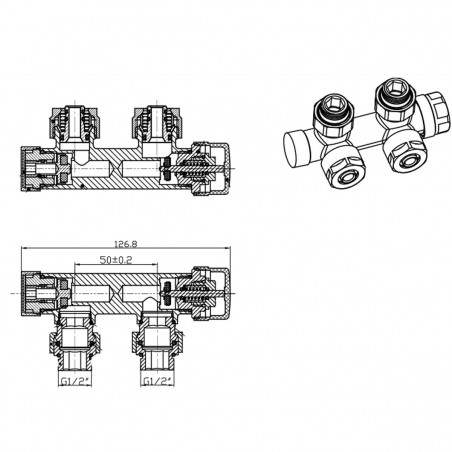 Set robinet, cap termostatic cu ventil, 5 trepte reglabile, tur-retur, Auriu Lucios