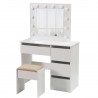 Masa de toaleta alba cu oglinda, 4 sertare si scaun inclus, iluminare LED 12 becuri, MDF, Hollywood