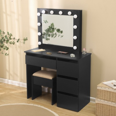 Masa de toaleta neagra cu oglinda, 4 sertare si scaun inclus, iluminare LED 12 becuri, MDF, Hollywood Black