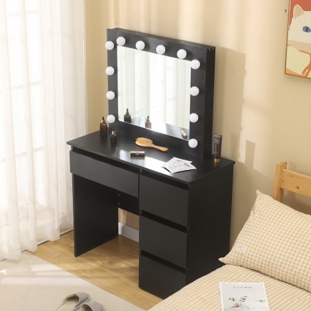 Masa de toaleta neagra cu oglinda, 4 sertare si scaun inclus, iluminare LED 12 becuri, MDF, Hollywood Black