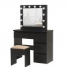 Masa de toaleta neagra cu oglinda, 4 sertare si scaun inclus, iluminare LED 12 becuri, MDF, Hollywood Black
