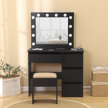 Masa de toaleta neagra cu oglinda, 4 sertare si scaun inclus, iluminare LED 12 becuri, MDF, Hollywood Black