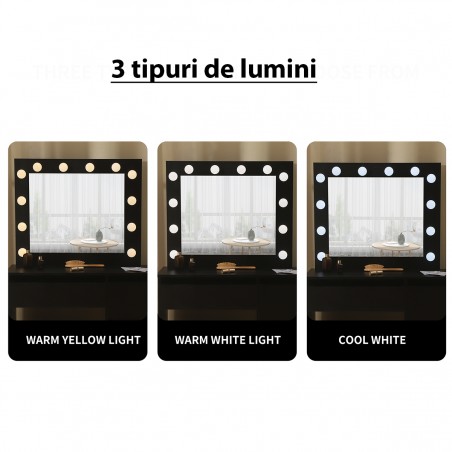 Masa de toaleta neagra cu oglinda, 4 sertare si scaun inclus, iluminare LED 12 becuri, MDF, Hollywood Black