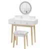 Masa de toaleta, buton touch, iluminare cu banda led, Mdf vopsit, 4 sertare, scaun inclus, 3 tipuri de lumina, Riana