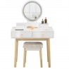 Masa de toaleta, buton touch, iluminare cu banda led, Mdf vopsit, 4 sertare, scaun inclus, 3 tipuri de lumina, Riana