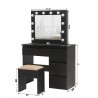 Masa de toaleta neagra cu oglinda, 4 sertare si scaun inclus, iluminare LED 12 becuri, MDF, Hollywood Black