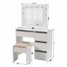 Masa de toaleta alba cu oglinda, 4 sertare si scaun inclus, iluminare LED 12 becuri, MDF, Hollywood