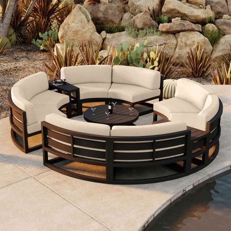 Set Mobilier Rotund terasa sau gradina, Cadru Aluminiu, 7 Piese, Dark Grey, Perne Incluse Crem, Coral, Luxury by EGO