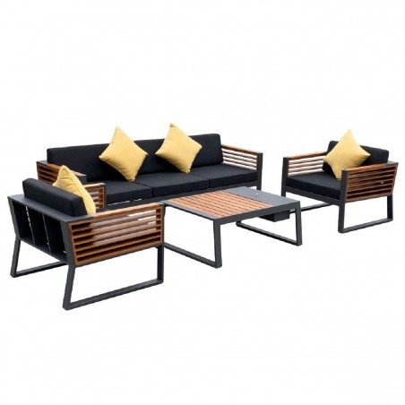 Set mobilier canapea, 2 fotolii, masuta de cafea cu ice bucket, cadru aluminiu si lemn, perne inclus, Kia, Luxury by EGO