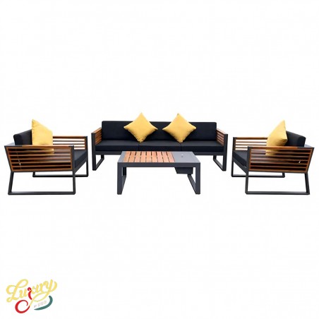 Set mobilier canapea, 2 fotolii, masuta de cafea cu ice bucket, cadru aluminiu si lemn, perne inclus, Kia, Luxury by EGO