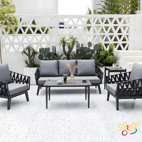Set mobilier canapea, 2 fotolii, masuta de cafea, cadru aluminiu si impletitura tip funie, Ray, Luxury by EGO