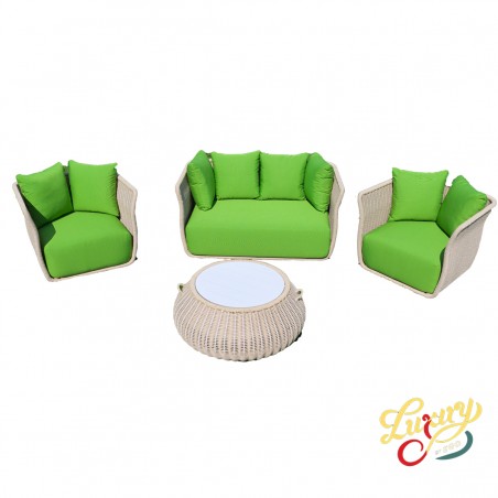 Set mobilier terasa gradina, 2 fotolii, canapea 2 locuri, masuta cafea, aluminiu, impletitura funie, sezut, perne verzi, NIKO