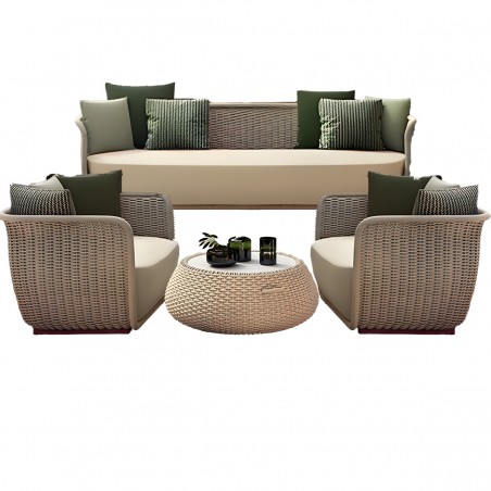 Set mobilier terasa gradina, fotolii, canapea 2 locuri, masa, aluminiu, impletitura funie, sezut crem, perne verzi masliniu,NIKO