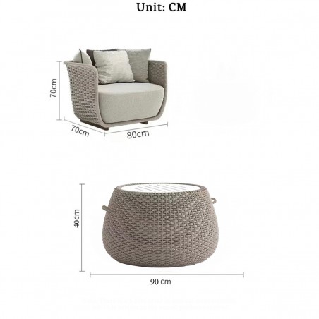 Set mobilier terasa gradina, fotolii, canapea 2 locuri, masa, aluminiu, impletitura funie, sezut crem, perne verzi masliniu,NIKO