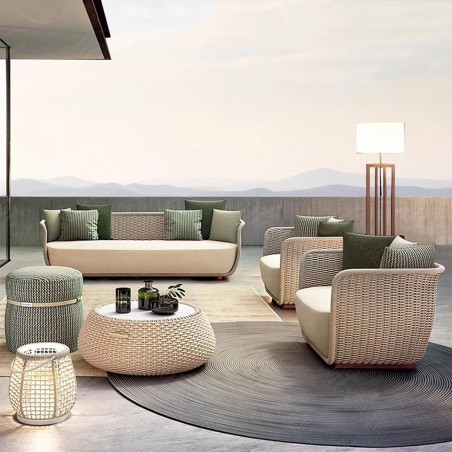 Set mobilier terasa gradina, fotolii, canapea 2 locuri, masa, aluminiu, impletitura funie, sezut crem, perne verzi masliniu,NIKO