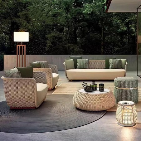 Set mobilier terasa gradina, fotolii, canapea 2 locuri, masa, aluminiu, impletitura funie, sezut crem, perne verzi masliniu,NIKO