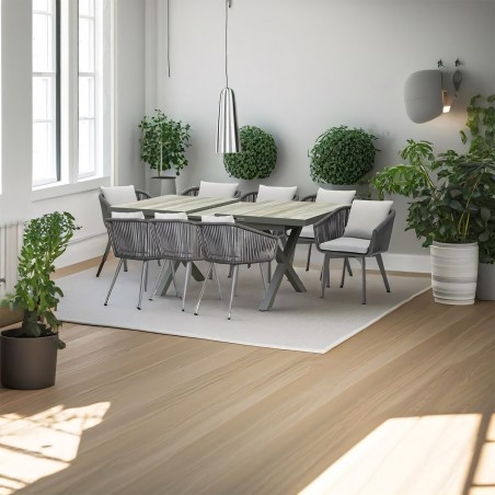 Set mobilier de 8 persoane, gradina sau terasa, aluminiu, masa extensibila cu blat de piatra, impletitura tip funie, Maldives