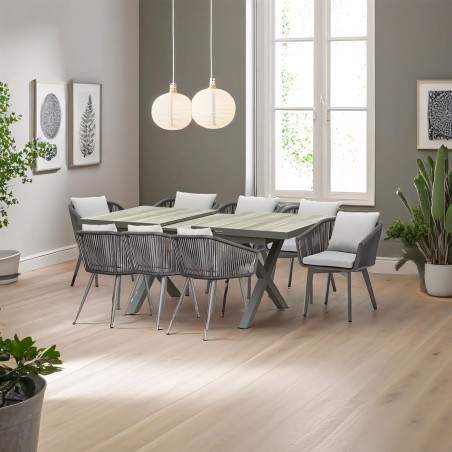 Set mobilier de 8 persoane, gradina sau terasa, aluminiu, masa extensibila cu blat de piatra, impletitura tip funie, Maldives