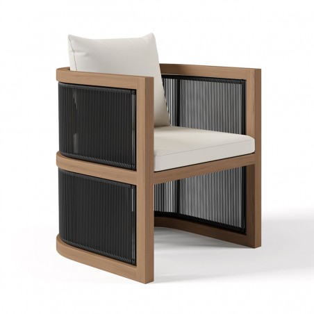 Set mobilier, terasa sau gradina, masa 150 cm + 6 scaune, lemn de Tec, impletitura tip funie, perne incluse, Gardenia