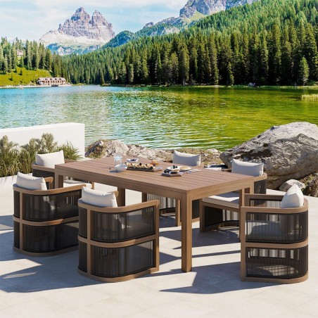 Set mobilier, terasa sau gradina, masa 150 cm + 6 scaune, lemn de Tec, impletitura tip funie, perne incluse, Gardenia