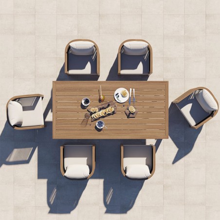Set mobilier, terasa sau gradina, masa 150 cm + 6 scaune, lemn de Tec, impletitura tip funie, perne incluse, Gardenia