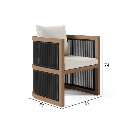Set mobilier, terasa sau gradina, masa 150 cm + 6 scaune, lemn de Tec, impletitura tip funie, perne incluse, Gardenia