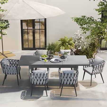 Set mobilier terasa sau gradina, 6 scaune, masa extensibila, aluminiu si impletitura tip funie, Riga
