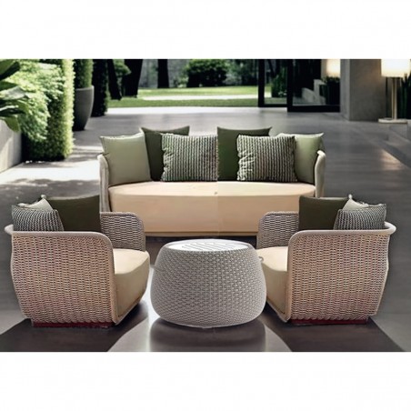 Set mobilier terasa gradina, fotolii, canapea 2 locuri, masa, aluminiu, impletitura funie, sezut crem, perne verzi masliniu,NIKO
