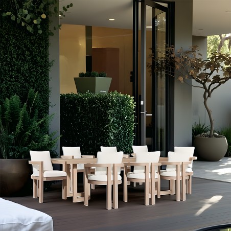 Set mobilier, terasa sau gradina, masa mare si 8 scaune, lemn de Tec integral, perne incluse, Primavera