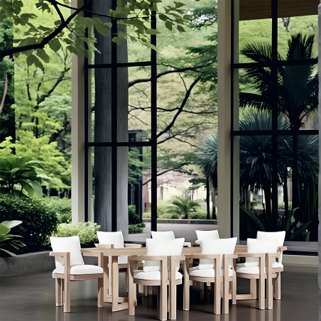 Set mobilier, terasa sau gradina, masa mare si 8 scaune, lemn de Tec integral, perne incluse, Primavera