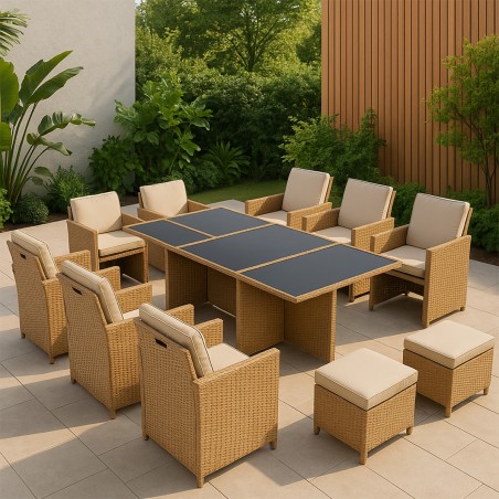 Set mobilier terasa gradina, Cub pliabil, masa cu blat de sticla, 6 scaune cu spatar rabatabil, 4 tabureti, Mauritius
