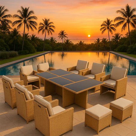 Set mobilier terasa gradina, Cub pliabil, masa cu blat de sticla, 6 scaune cu spatar rabatabil, 4 tabureti, Mauritius