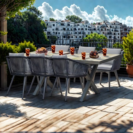 Set mobilier de 6 persoane, gradina sau terasa, aluminiu, masa extensibila cu blat de piatra, impletitura tip funie, Maldives