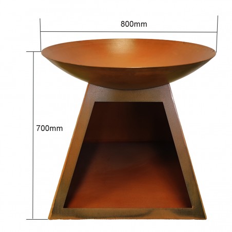 Semineu cu suport pentru lemne, otel corten, dimensiuni: dia80 x H 70 cm, Vulcanis