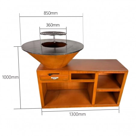 Gratar pe lemn cu plita, spatiu mare de depozitare lemne, 2 rafturi laterale otel corten, dimensiuni: dia85x130x100 cm, Helio