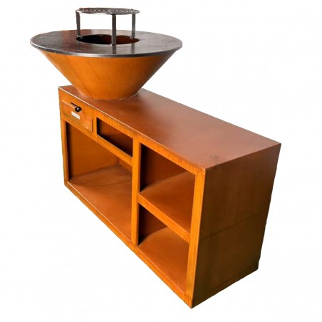 Gratar pe lemn cu plita, spatiu mare de depozitare lemne, 2 rafturi laterale otel corten, dimensiuni: dia85x130x100 cm, Helio
