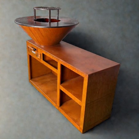 Gratar pe lemn cu plita, spatiu mare de depozitare lemne, 2 rafturi laterale otel corten, dimensiuni: dia85x130x100 cm, Helio