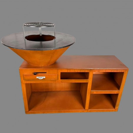 Gratar pe lemn cu plita, spatiu mare de depozitare lemne, 2 rafturi laterale otel corten, dimensiuni: dia85x130x100 cm, Helio