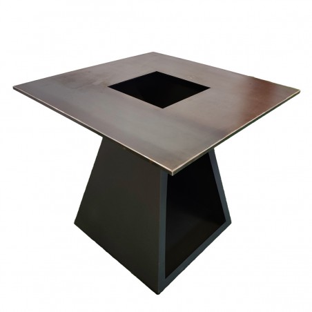 Gratar pe lemn cu plita, suprafata mare de gatit, spatiu pentru lemne, otel corten 2 mm, 100x100x90 cm, Negru, Rustico