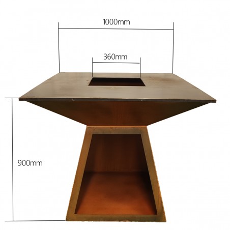Gratar pe lemn cu plita, suprafata mare de gatit, spatiu pentru lemne, otel corten de 2 mm, 100x100x90 cm, Ruginiu, Rustico