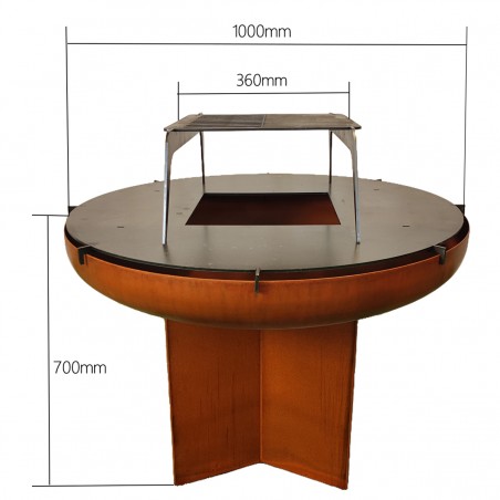 Gratar pe lemn cu plita, Multifunctional, din otel corten de 2 mm, dimensiuni: dia100xH70 cm, AshCraft