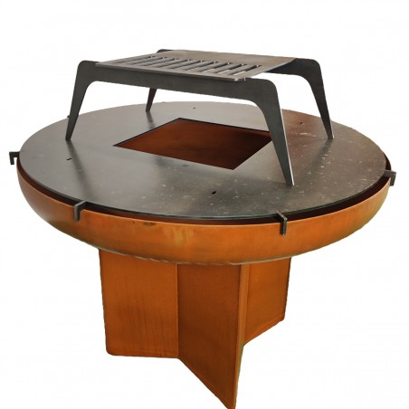 Gratar pe lemn cu plita, Multifunctional, din otel corten de 2 mm, dimensiuni: dia100xH70 cm, AshCraft