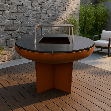 Gratar pe lemn cu plita, Multifunctional, din otel corten de 2 mm, dimensiuni: dia100xH70 cm, AshCraft